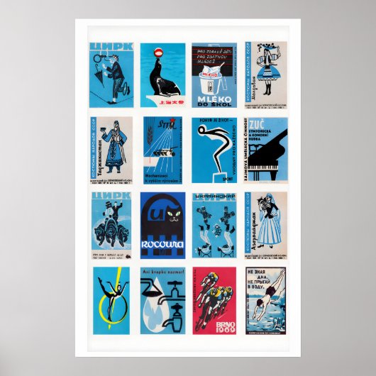 Blaue und schwarze Matchbox-Etiketten-Collage, min Poster (Vorne)