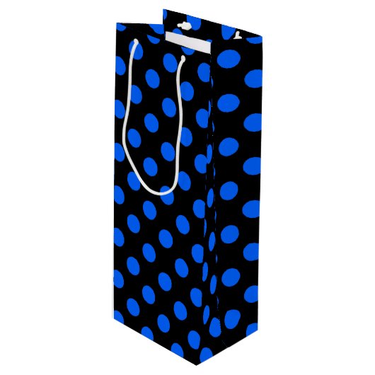 Blaue und schwarze Polka Geschenktüte Für Weinflaschen (Vorderseite Schrägansicht)
