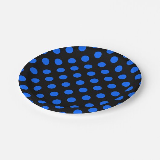 Blaue und schwarze Polka Pappteller (Schrägansicht)
