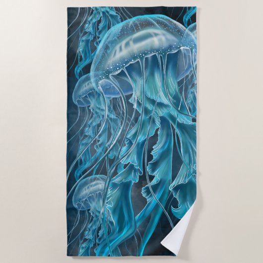 Blaue und schwarze Quallen Strandtuch (Vorderseite)