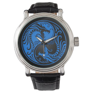 Blaue und schwarze Yin Yang Drachen Armbanduhr