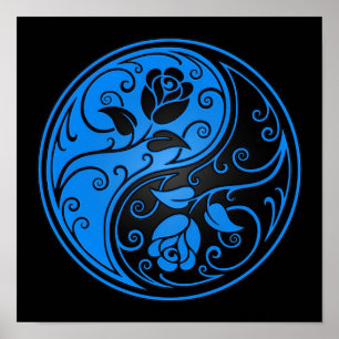 Blaue und schwarze Yin Yang Rosen Poster