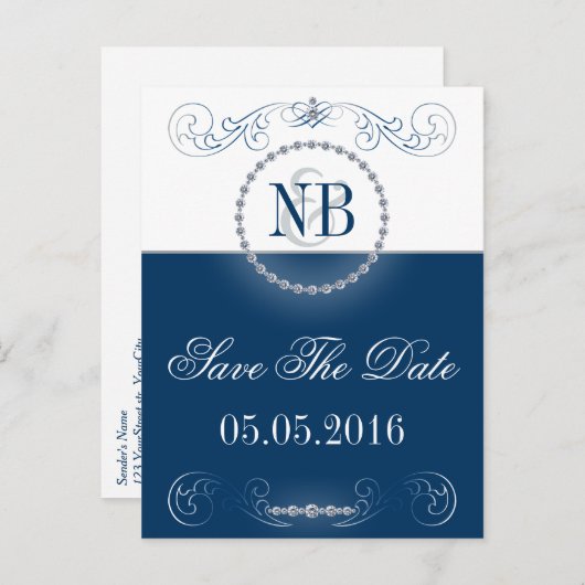 Blaue und silber Save the Date Postkarten (Vorne/Hinten)