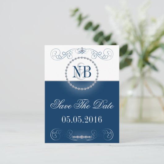 Blaue und silber Save the Date Postkarten (Stehend Vorderseite)