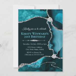 Blaue und silberne Glitter-Achat-Geburtstagsfeier Einladung