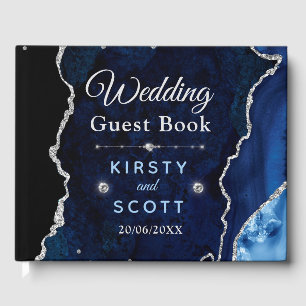 Blaue und silberne Glitter-Achat-Hochzeit Gästebuch
