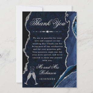 Blaue und silberne Glitter-Achat- & Marmor-Hochzei Dankeskarte