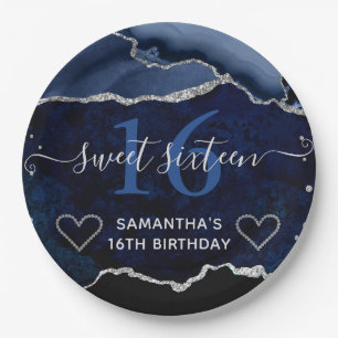 Blaue und silberne Glitter-Achat-Murmel Sweet 16 Pappteller