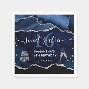 Blaue und silberne Glitter-Achat-Murmel Sweet 16 Serviette