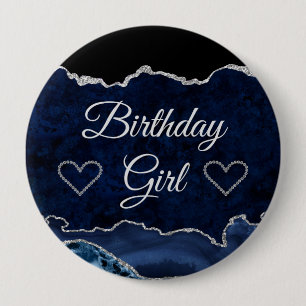 Blaue und silberne Glitter-Marmor-Achat-Geburtstag Button