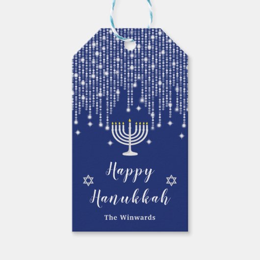 Blaue und silberne Lichterkette Frohes Chanukka Geschenkanhänger (Vorderseite)