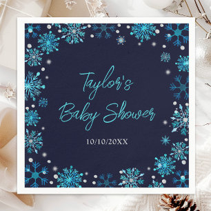 Blaue und silberne Schneeflocken-Baby-Party Serviette
