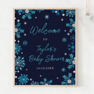 Blaue und silberne Schneeflocken-Baby-Shower-Willk Poster