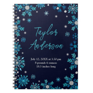 Blaue und silberne Schneeflocken Geburtsstatistike Notizblock