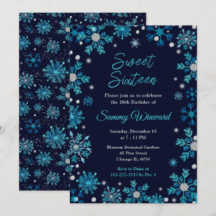 Blaue und silberne Schneeflocken Sweet Sixteen Einladung