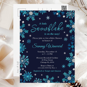 Blaue und silberne Schneeflocken Winter-Baby-Party Postkarte