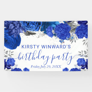 Blaue und silberne Wasserfarben-Blumen-Geburtstag Banner