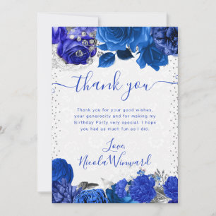 Blaue und silberne Wasserfarben-Blumen-Geburtstag Dankeskarte