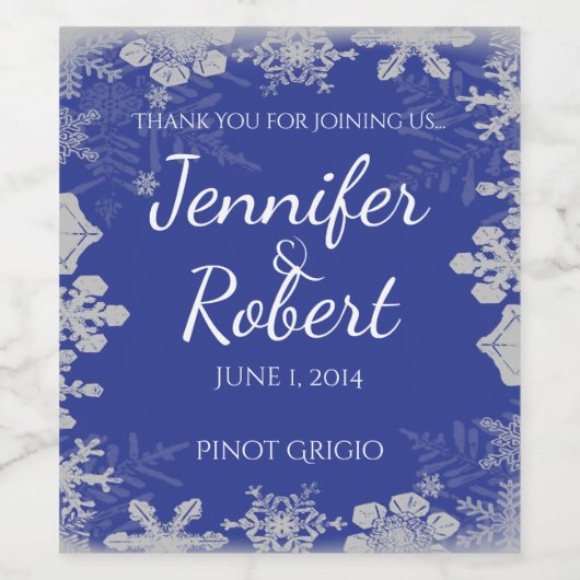 Blaue und Silberschneeflocke Hochzeitsweinmarke Weinetikett (Einzelnes Label)