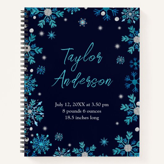 Blaue und Silberschneeflocken Geburtsstunde Notizblock (Vorderseite)