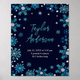 Blaue und Silberschneeflocken Geburtsstunde Poster