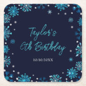 Blaue und Silberschneeflocken Geburtstagsparty Rechteckiger Pappuntersetzer (Vorderseite)