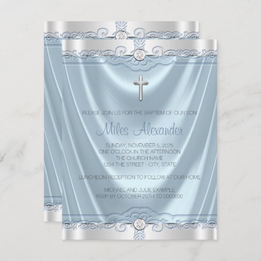 Blaue und Silbertaufe Christening Einladung (Vorne/Hinten)