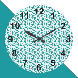 Blaue und Türkis Paisley Blumenmuster mit schwarze Große Wanduhr