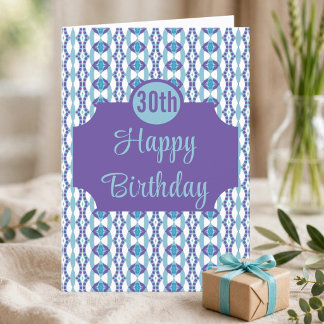 Blaue und violette 30. Geburtstagskarte mit Muster Karte