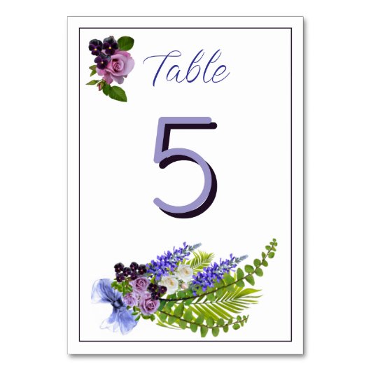 Blaue und violette Blüten Tischnummer (Vorderseite)
