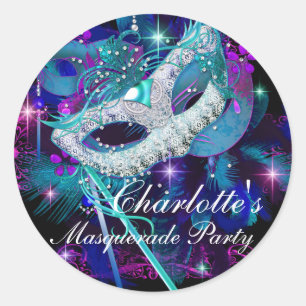 Blaue und violette Masken-Maskenball-Party-Aufkleb Runder Aufkleber