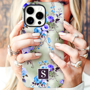 Blaue und violette Monogramm-Blumen  iPhone 16 Pro Max Hülle