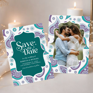 Blaue und violette Paisley-Indische Hochzeitsfotog Save The Date