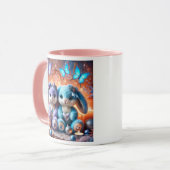 Blaue und violette Plüschkaninchen mit Herzen. Tasse (Vorderseite Links)