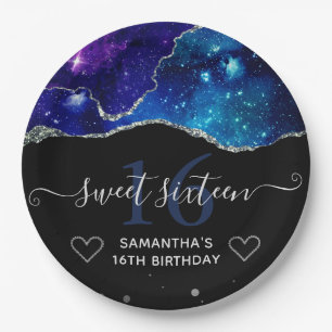 Blaue und violette silberne Glitter-Galaxie-Achat- Pappteller