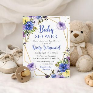 Blaue und violette Sommerblumen rahmen Baby Shower Einladung