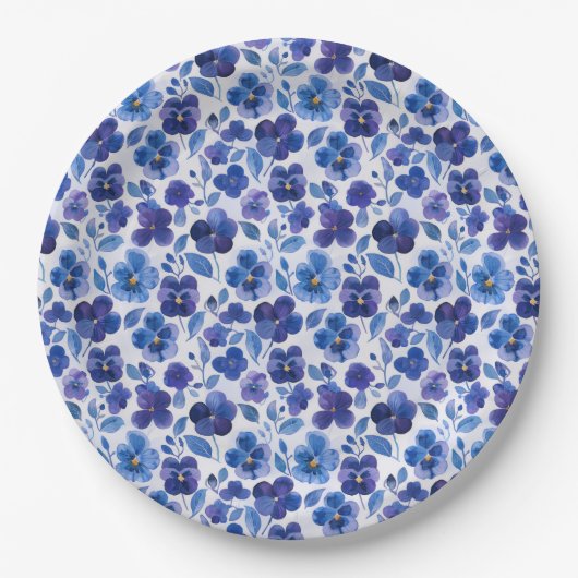 Blaue und violette Stiefmütterchen-Blumenmuster Pappteller (Vorderseite)