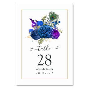 Blaue und violette Vintage-Pfauen-Blumen Tischnummer