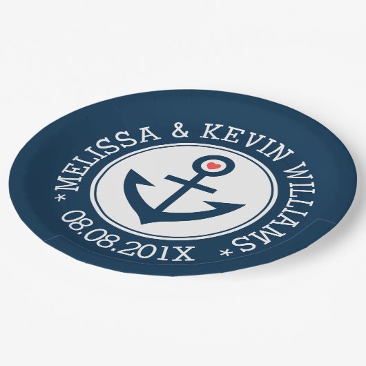 Blaue und weiße Ankerbord Hochzeitsdesign Pappteller (Schrägansicht)