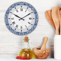 Blaue und Weiße Arts and Crafts Große Uhr