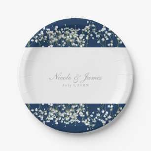 Blaue und weiße Babys Atem Blumen Hochzeitstischpl Pappteller