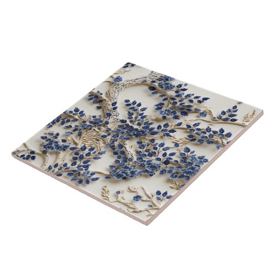 Blaue und weiße Baumskulptur, Blumen Fliese (Seite)