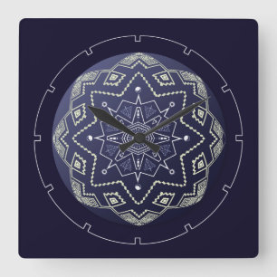 Blaue und weiße Bereich-Mandala-Wanduhr Quadratische Wanduhr