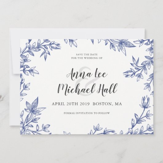 Blaue und weiße Blätter Save the Date für Hochzeit (Vorderseite)