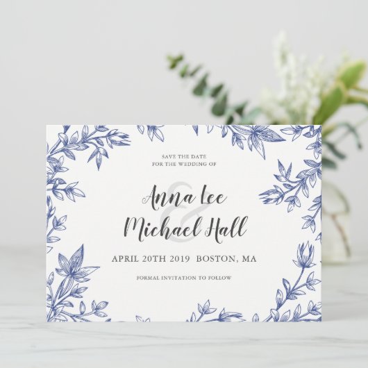 Blaue und weiße Blätter Save the Date für Hochzeit (Stehend Vorderseite)