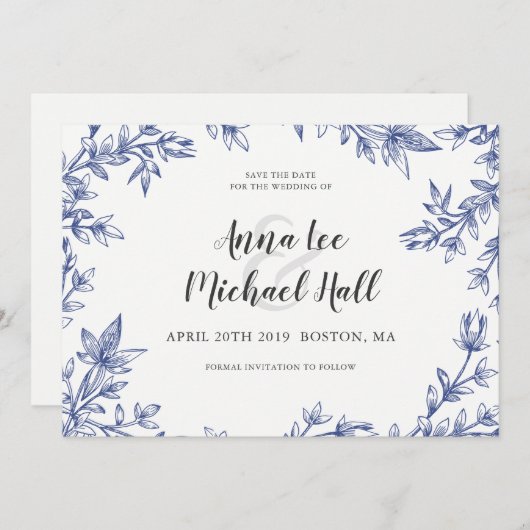 Blaue und weiße Blätter Save the Date für Hochzeit (Vorne/Hinten)