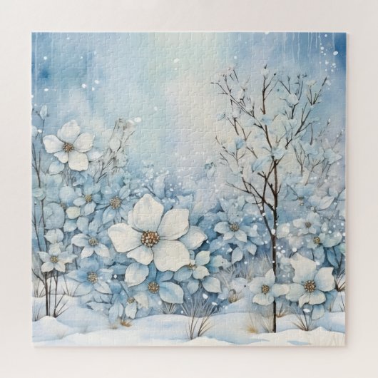Blaue und weiße Blume im Winterschnee Puzzle (Horizontal)