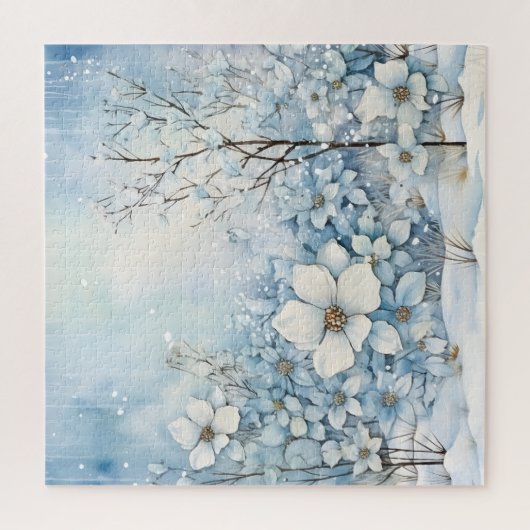Blaue und weiße Blume im Winterschnee Puzzle (Vertikal)