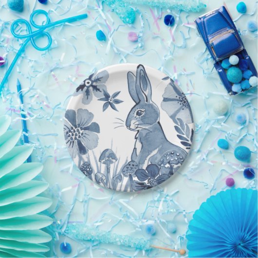Blaue und weiße Blume Pilze Osterkaninchen Pappteller (Party)