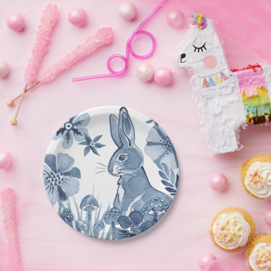 Blaue und weiße Blume Pilze Osterkaninchen Pappteller (Party)